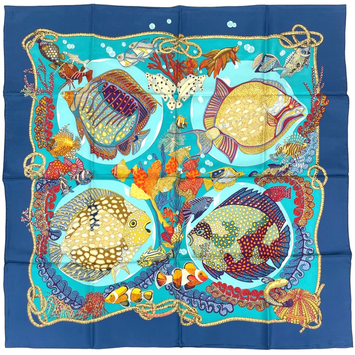 Hermes Carre 90 Grands Fonds Scarf Deep Sea Fish Silk Blue Multicolor
