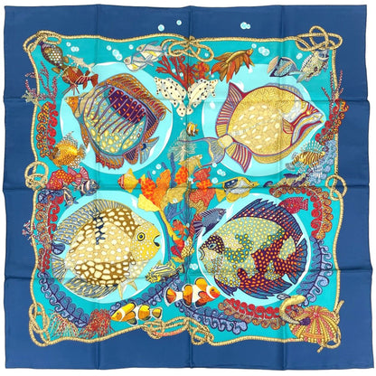 Hermes Carre 90 Grands Fonds Scarf Deep Sea Fish Silk Blue Multicolor