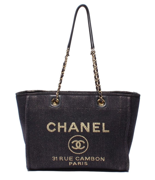 Chanel Tote Bag Shoulder Gold Mixed Fiber Deauville MM