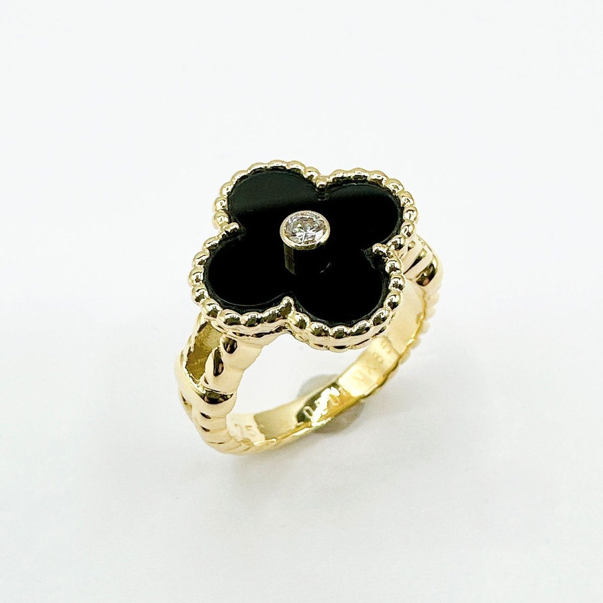 Van Cleef & Arpels Vintage Alhambra Onyx Diamond Yellow Gold Ring — view 3