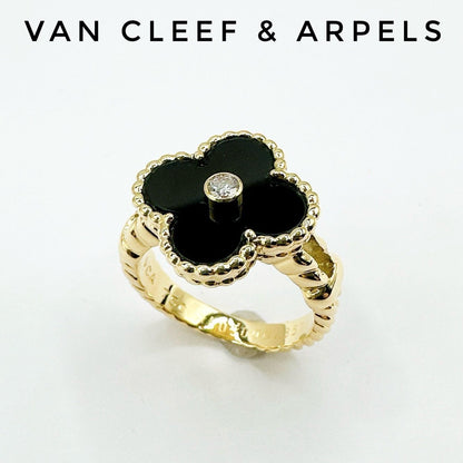 Van Cleef & Arpels Vintage Alhambra Onyx Diamond Yellow Gold Ring