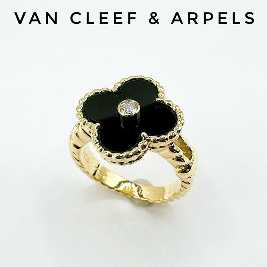 Van Cleef & Arpels Vintage Alhambra Onyx Diamond Yellow Gold Ring