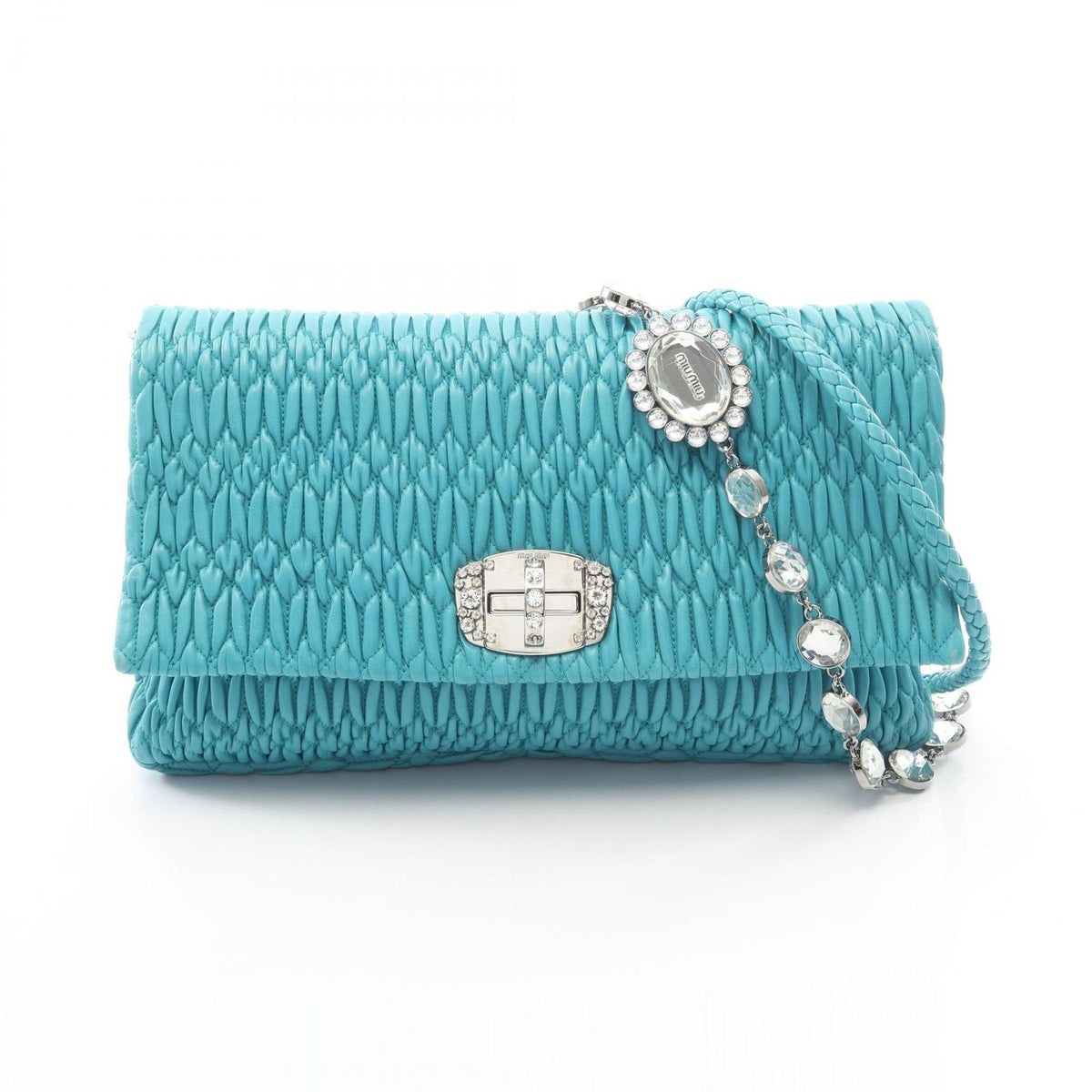 Miu Miu Shoulder Bag Nappa Crystal Materasse Turquoise Blue Leather