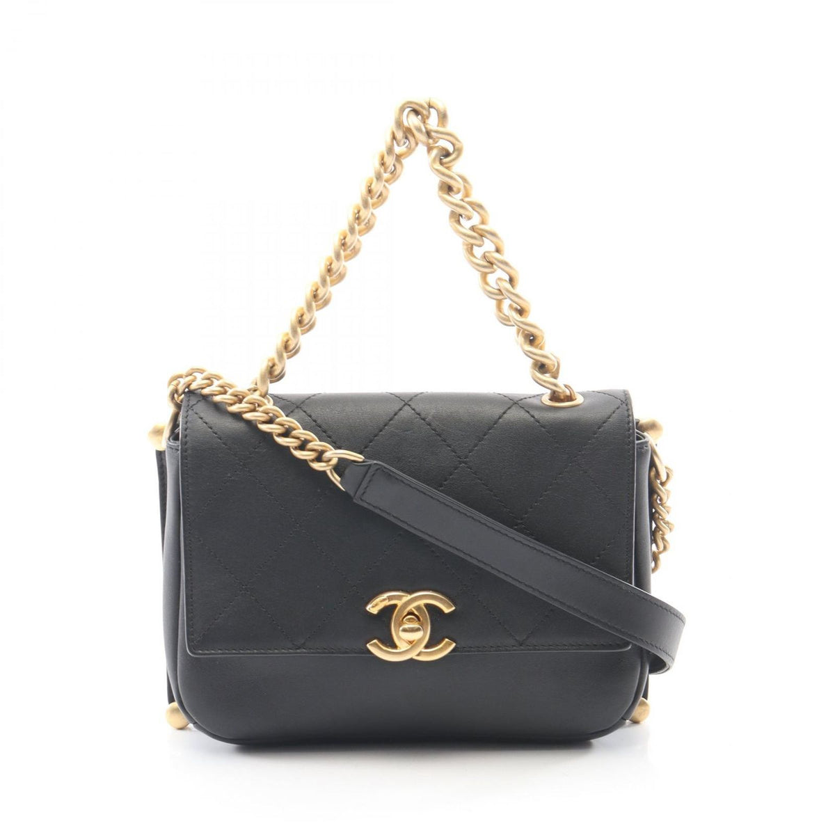 Chanel Shoulder Bag Quilted 2-Way Black Leather Chain