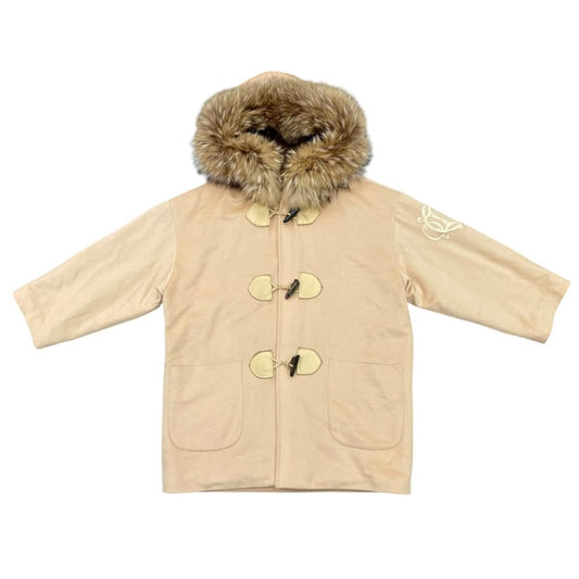 Dior Duffle Coat Fur Hood Logo Embroidery Beige Brown