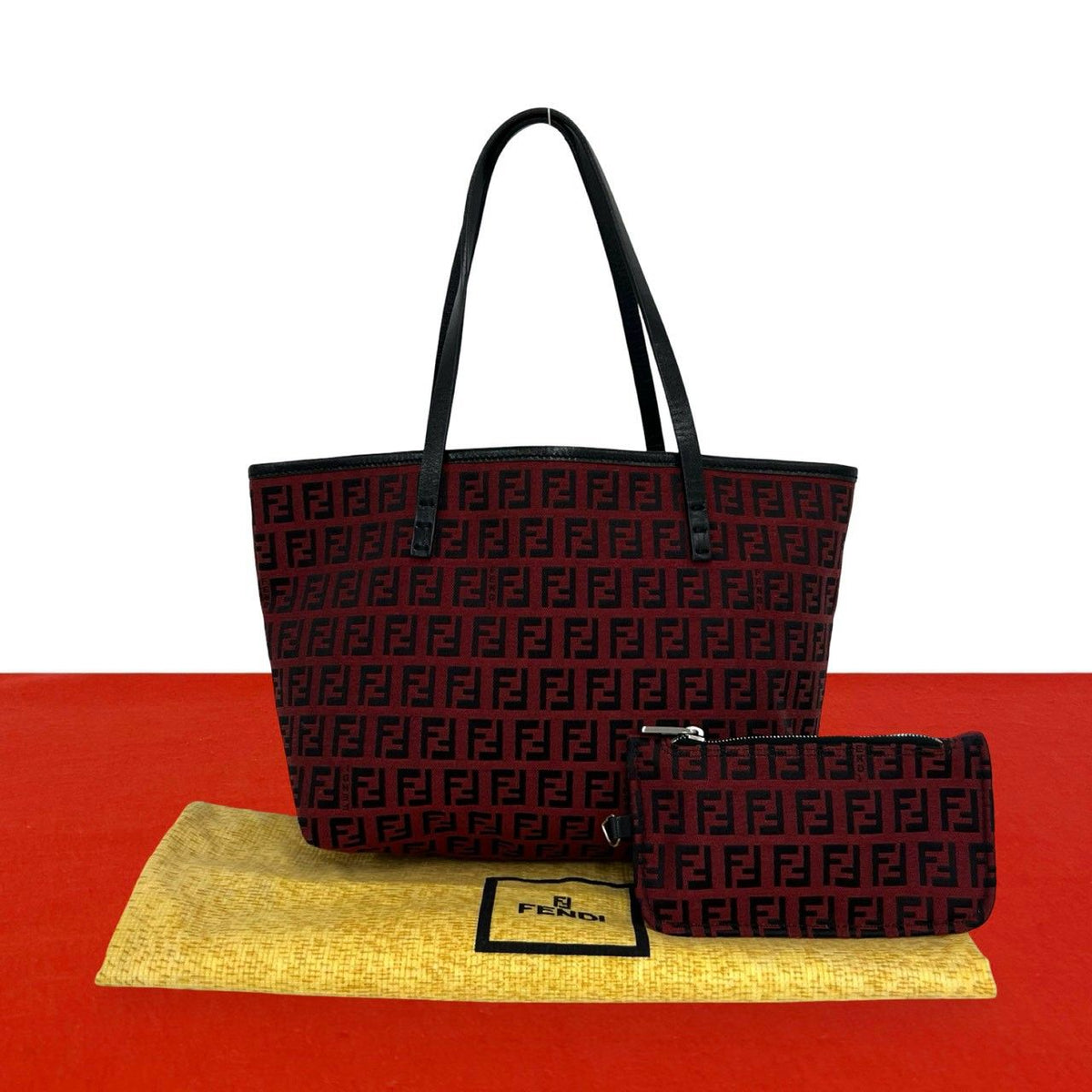 Fendi Almost Vintage Zucchino FF Pattern Canvas Leather Tote Bag Red Black