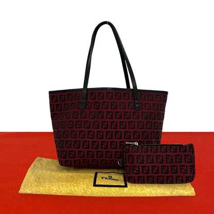 Fendi Almost Vintage Zucchino FF Pattern Canvas Leather Tote Bag Red Black