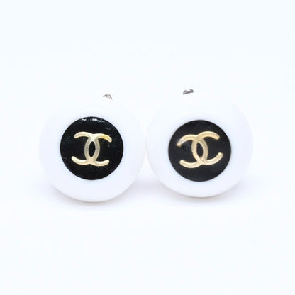 Chanel 96P CC Logo Earrings 96 Resin Metal White Black Bicolor