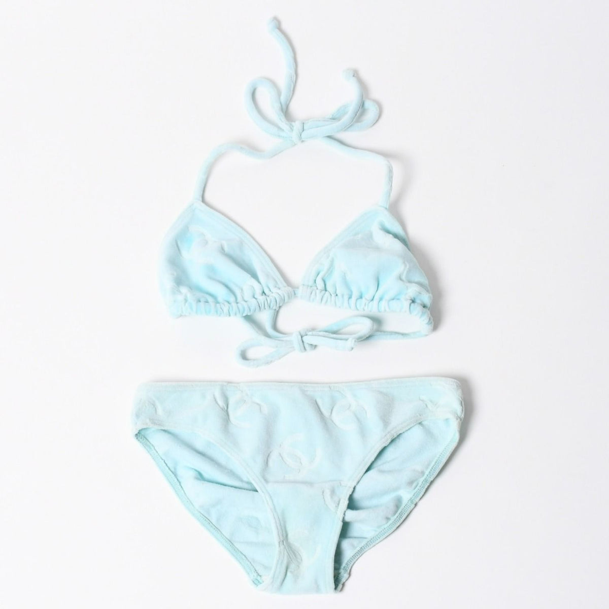 Chanel Vintage Swimwear Bikini Separate Set CC Logo Light Blue 4 40