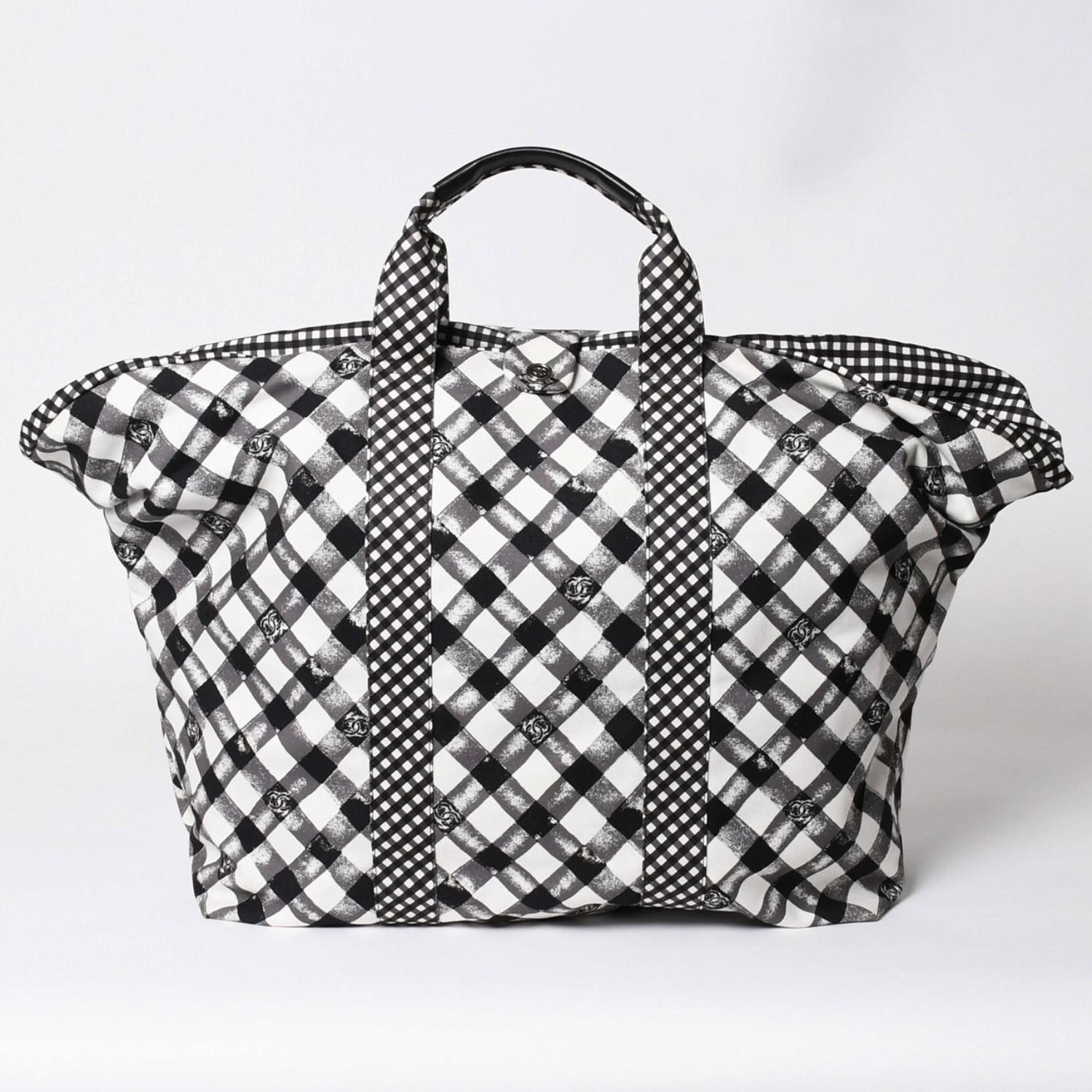 Chanel Cruise Line Gingham Check Tote Boston Bag White Black CC Logo Silver