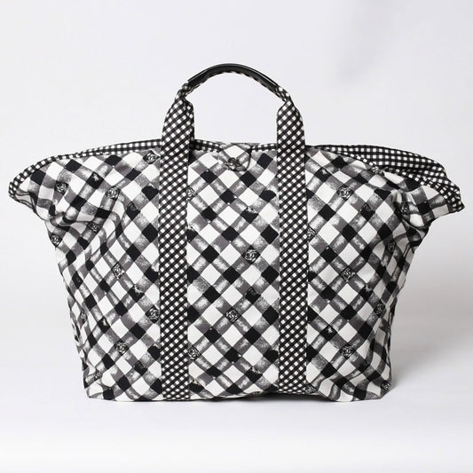 Chanel Cruise Line Gingham Check Tote Boston Bag White Black CC Logo Silver