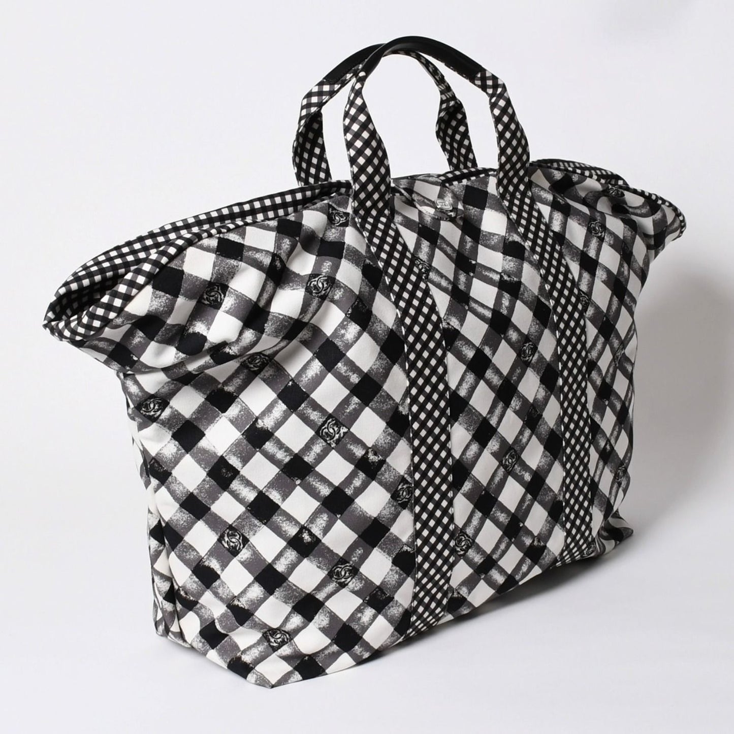 Chanel Cruise Line Gingham Check Tote Boston Bag White Black CC Logo Silver — view 3