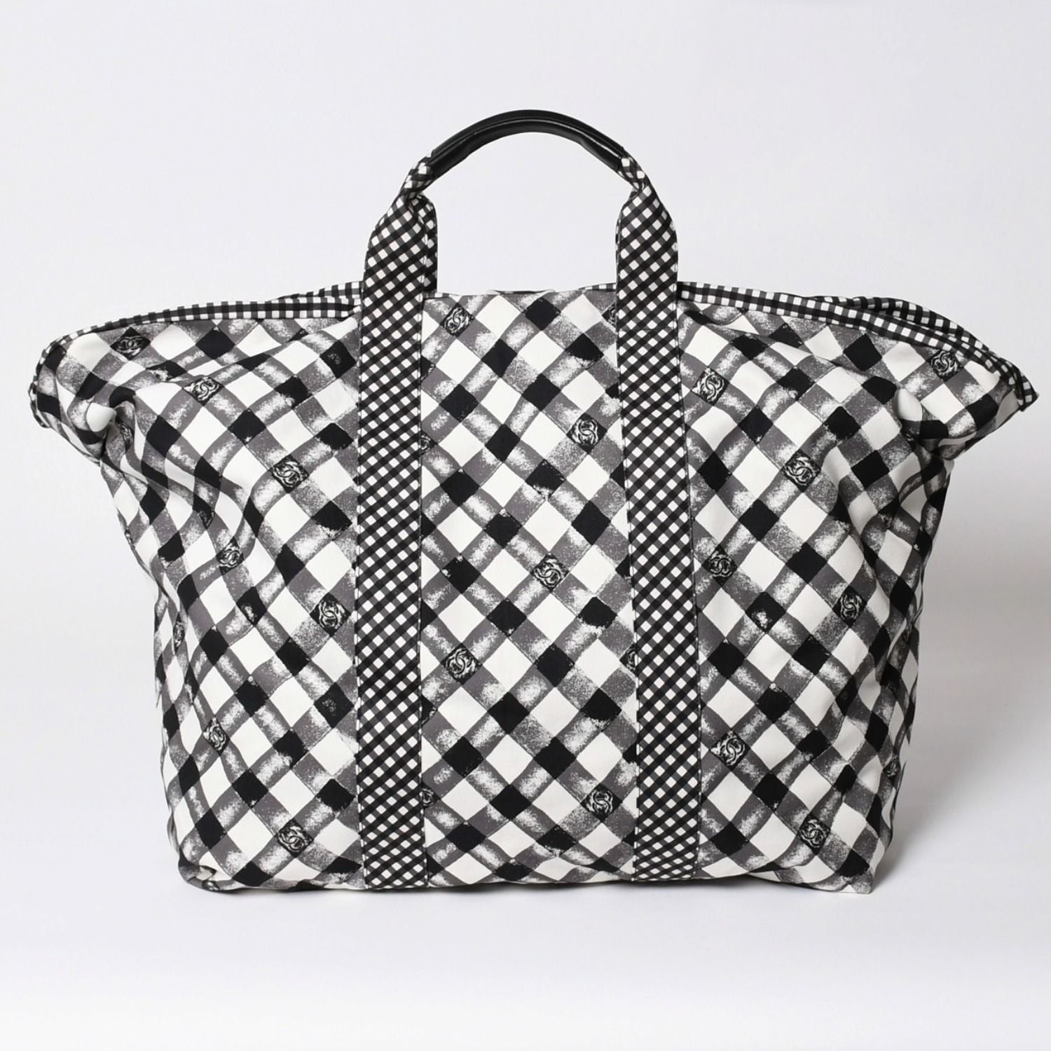 Chanel Cruise Line Gingham Check Tote Boston Bag White Black CC Logo Silver — view 2