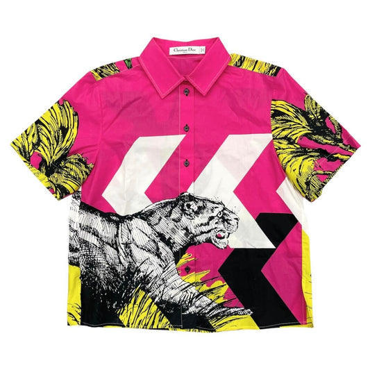 Dior Short Sleeve Shirt Tiger Print 34 Sizes Cotton Pink Yellow