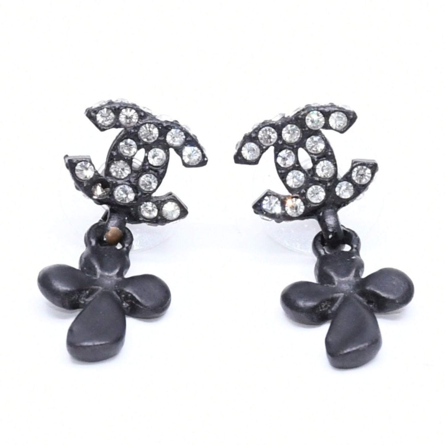 Chanel CC Logo Drop Earrings 01 Metal Rhinestone Black Clear