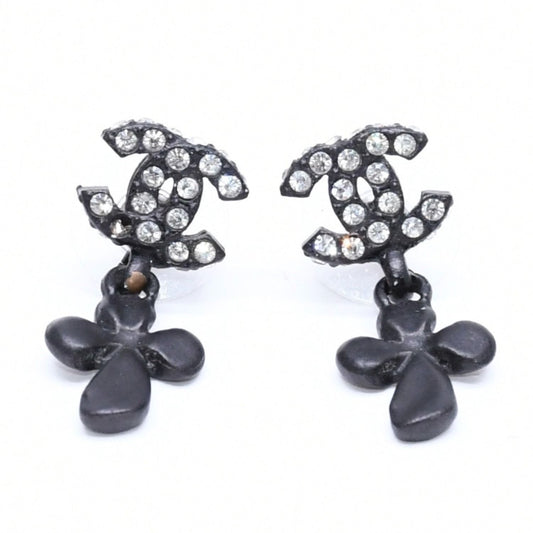 Chanel CC Logo Drop Earrings 01 Metal Rhinestone Black Clear