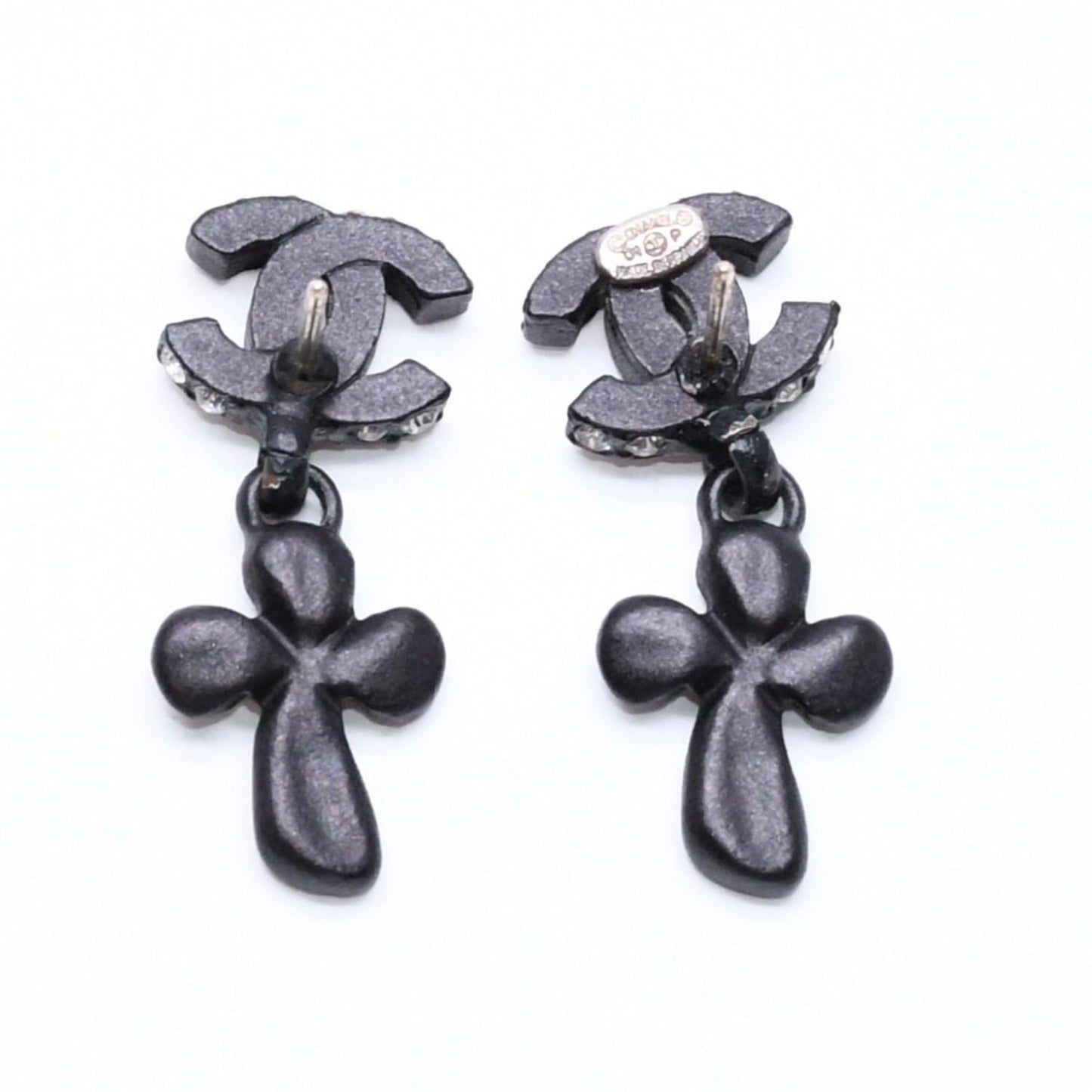 Chanel CC Logo Drop Earrings 01 Metal Rhinestone Black Clear — view 7