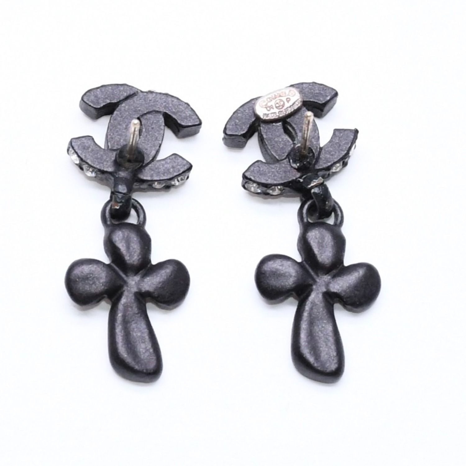 Chanel CC Logo Drop Earrings 01 Metal Rhinestone Black Clear — view 7