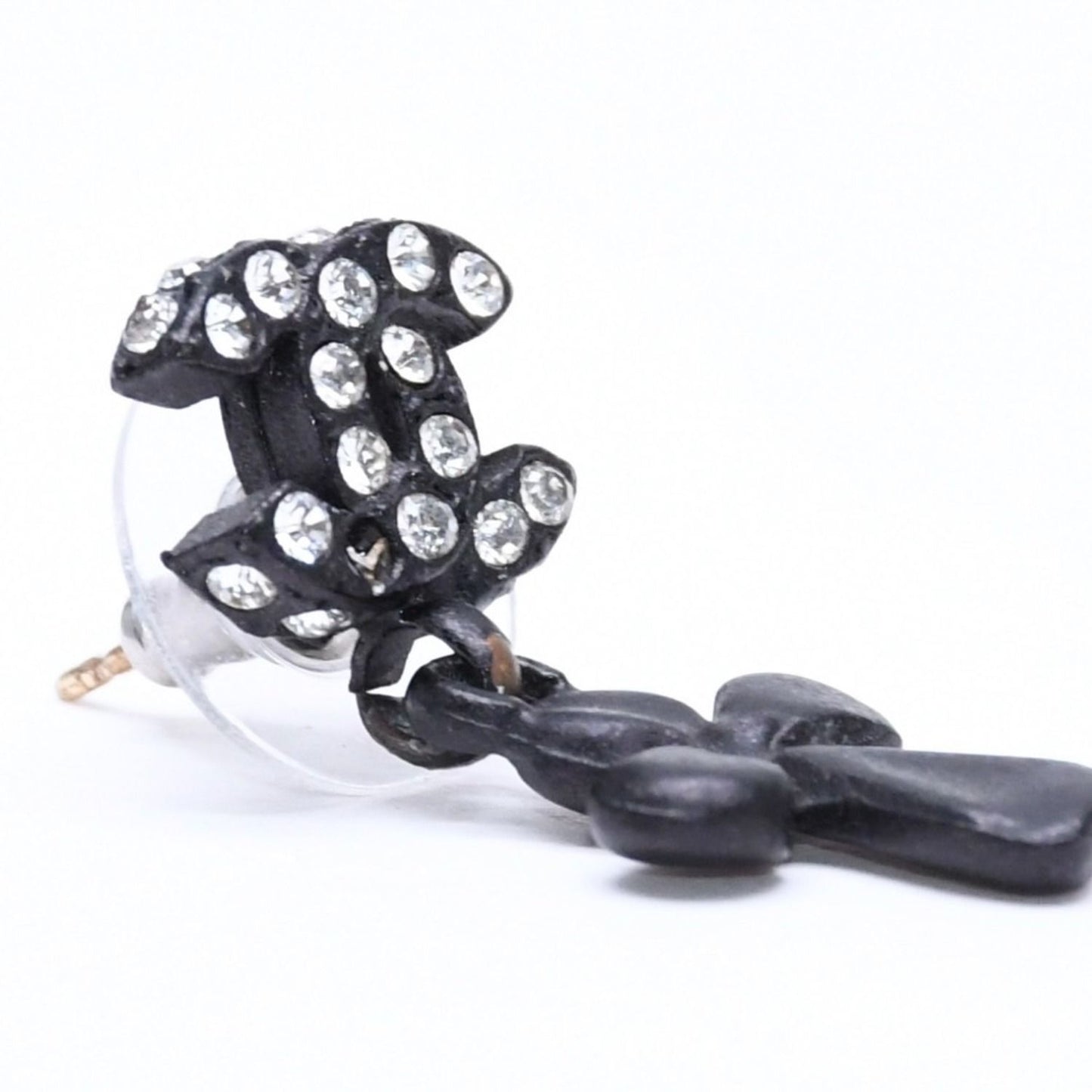 Chanel CC Logo Drop Earrings 01 Metal Rhinestone Black Clear — view 3