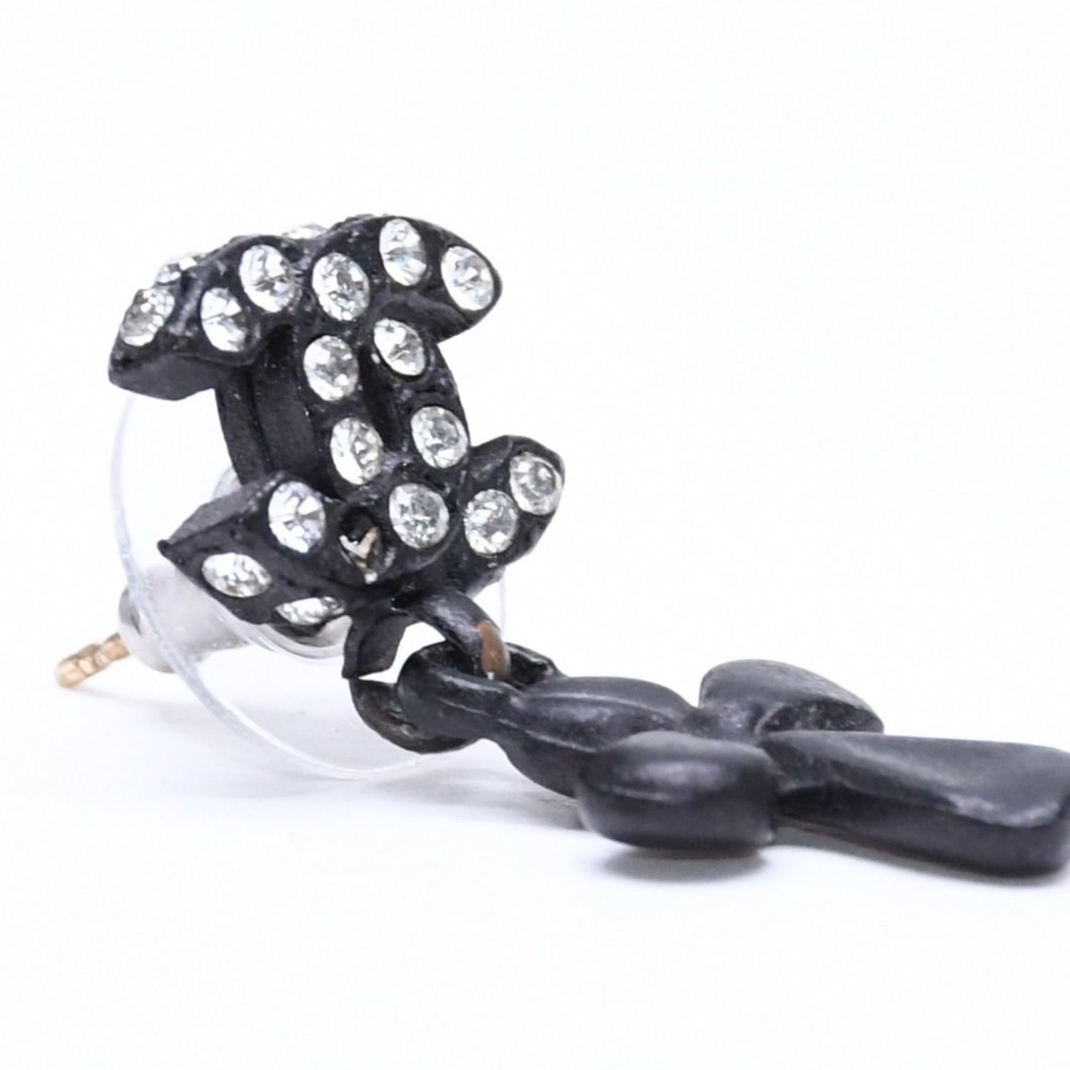 Chanel CC Logo Drop Earrings 01 Metal Rhinestone Black Clear — view 3