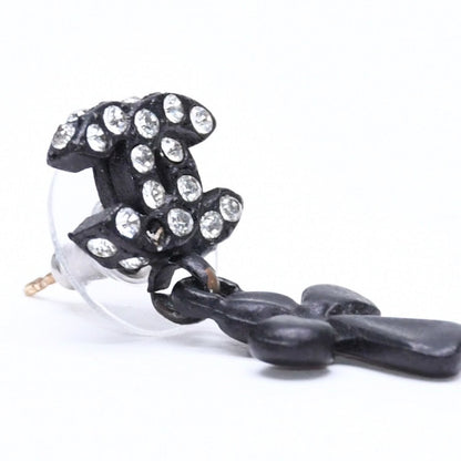 Chanel CC Logo Drop Earrings 01 Metal Rhinestone Black Clear — view 3