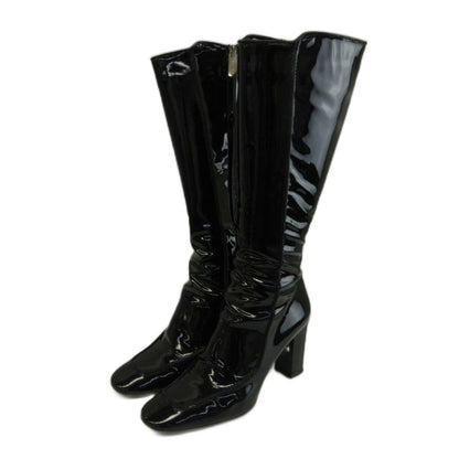 Celine Long Boots Patent Round Toe High Heels Black 38.5