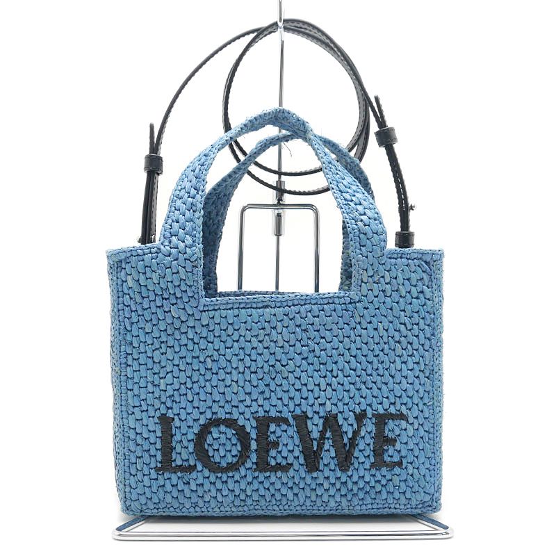 Loewe Font Tote Mini Raffia Shoulder Bag with Blue