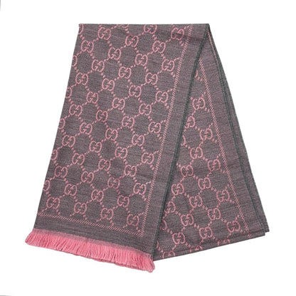 Gucci Scarf GG Wool Pattern Logo Rose Pink Gray