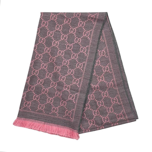 Gucci Scarf GG Wool Pattern Logo Rose Pink Gray