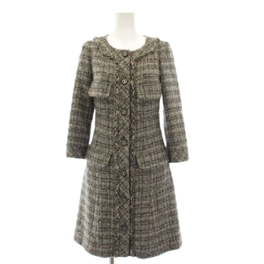 Chanel Coat Long Tweed CC Logo Coco Button 34 Gray KH