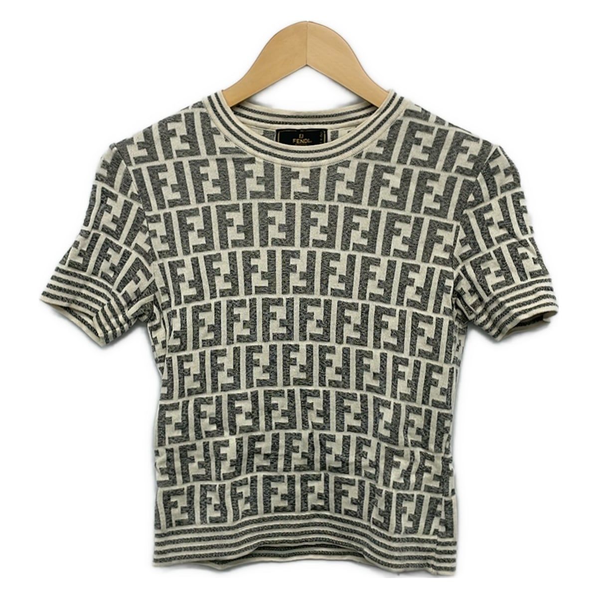 Fendi Short Sleeve Sweater Ivory Gray Crew Neck Zucca Pattern