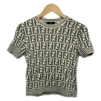 Fendi Short Sleeve Sweater Ivory Gray Crew Neck Zucca Pattern