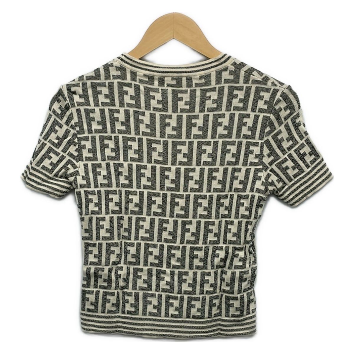 Fendi Short Sleeve Sweater Ivory Gray Crew Neck Zucca Pattern — view 2