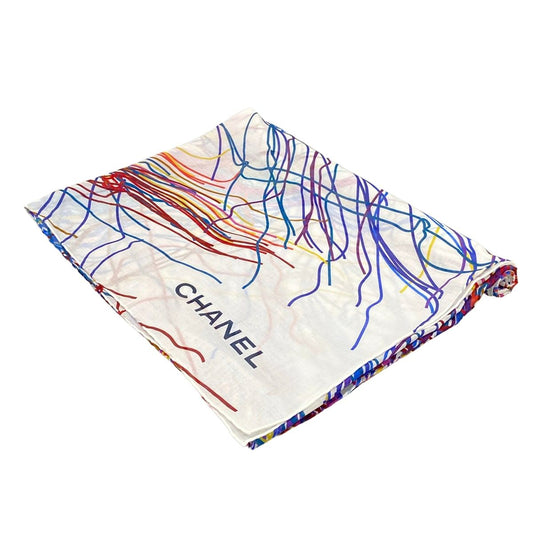 Chanel Shawl White CC Logo Cotton Scarf