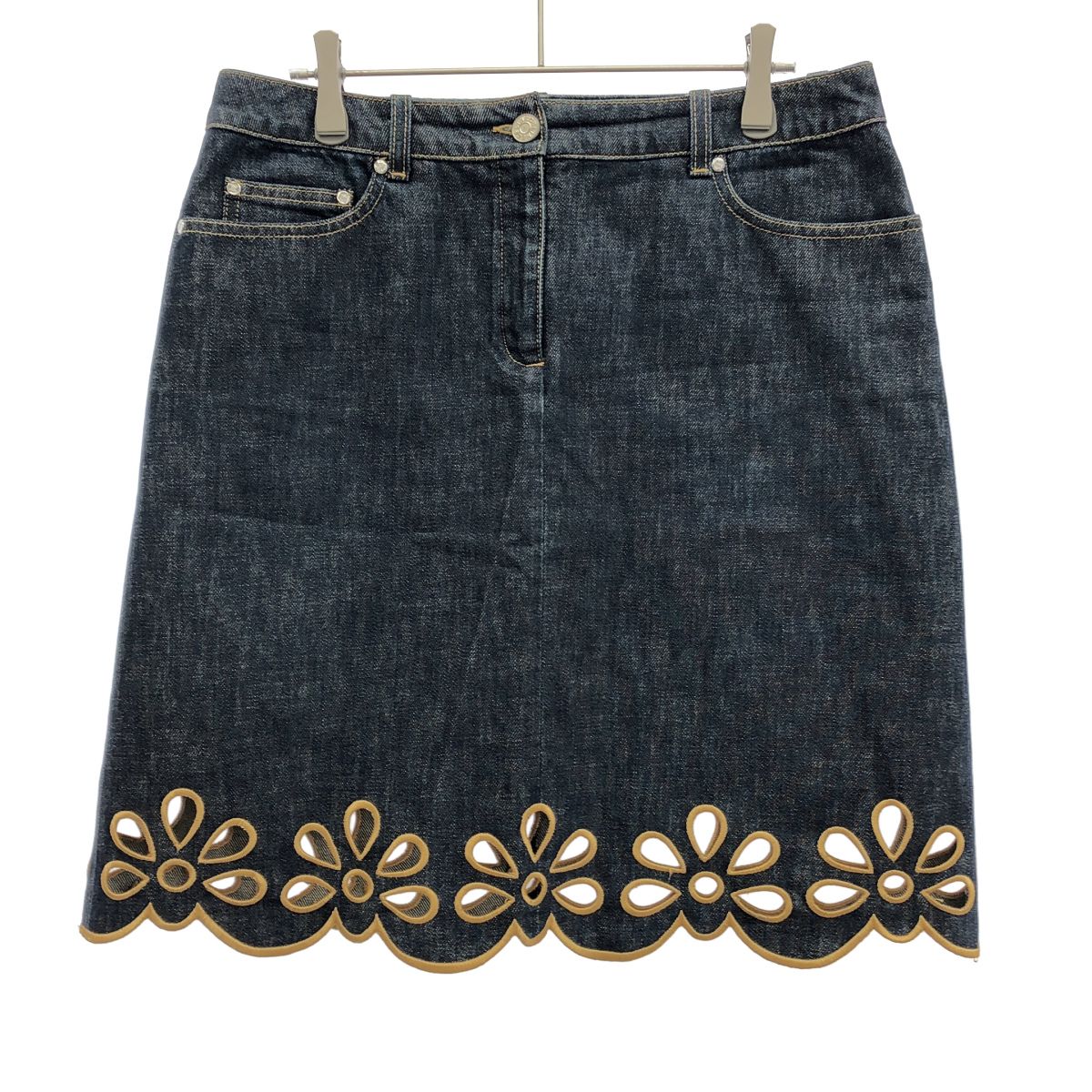 Celine Vintage Flower Cutwork Denim Skirt 2 Indigo Blue 40