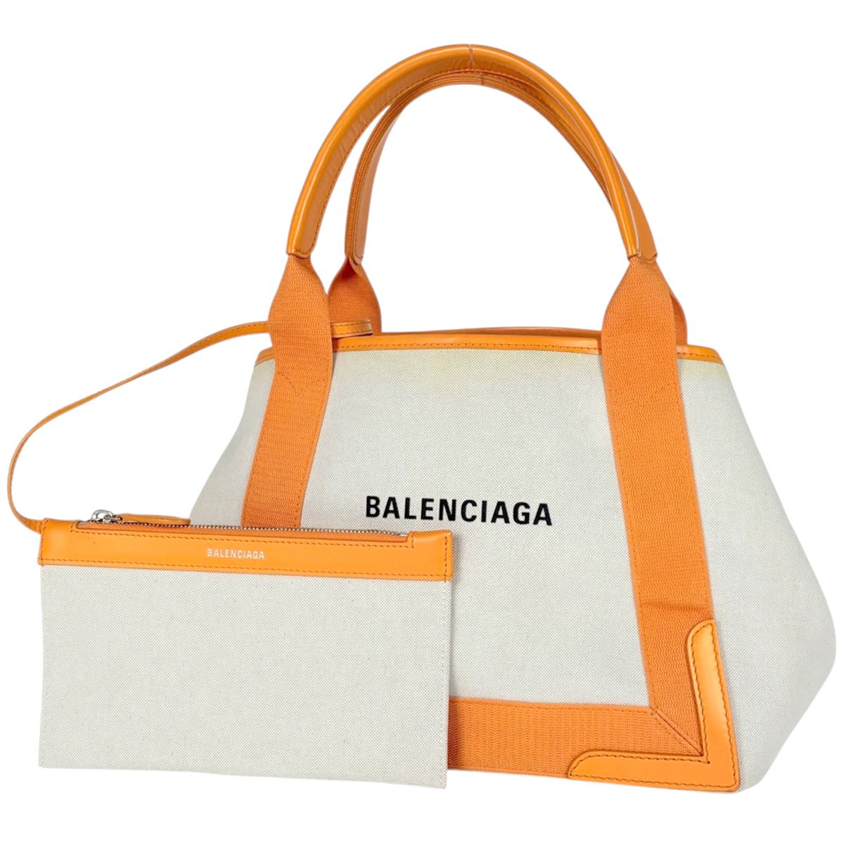 Balenciaga Navy Small Cabas Handbag Canvas Ivory Orange