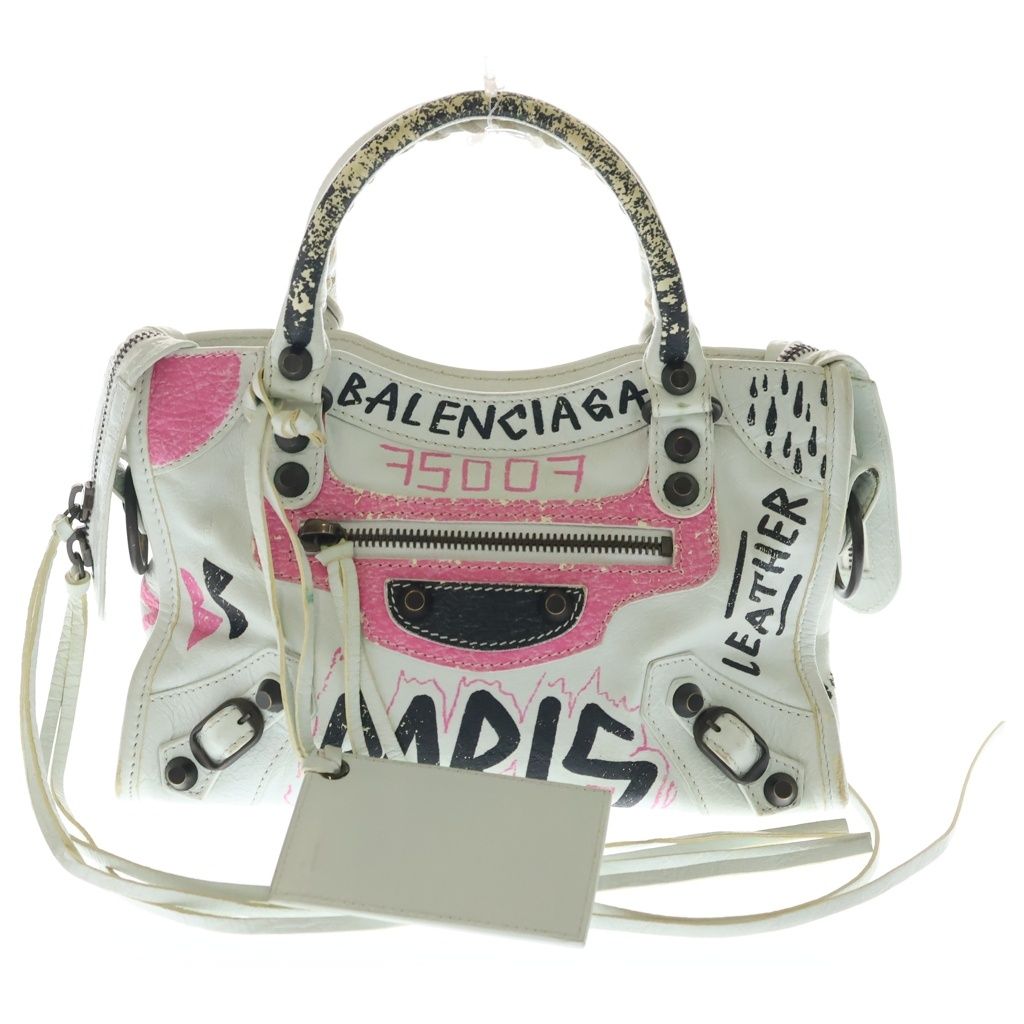 Balenciaga Classic City Graffiti 2-Way Shoulder Bag White Leather