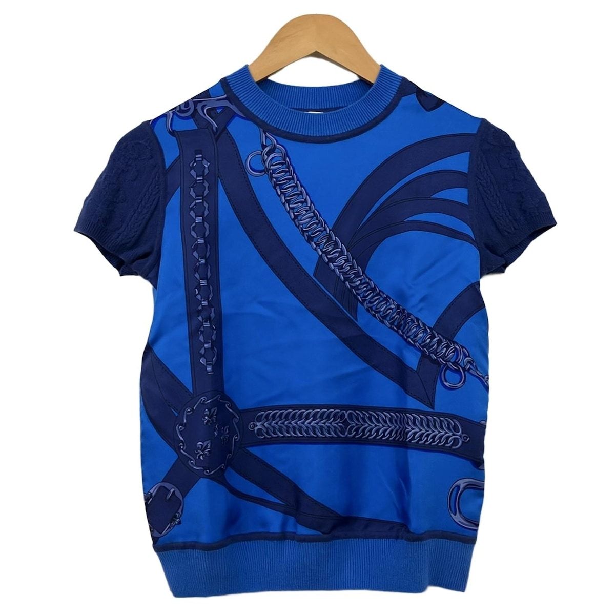 Hermes Short Sleeve Sweater 34 S Blue Crew Neck Silk