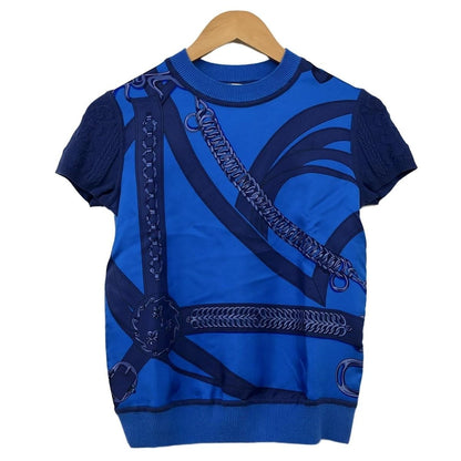 Hermes Short Sleeve Sweater 34 S Blue Crew Neck Silk