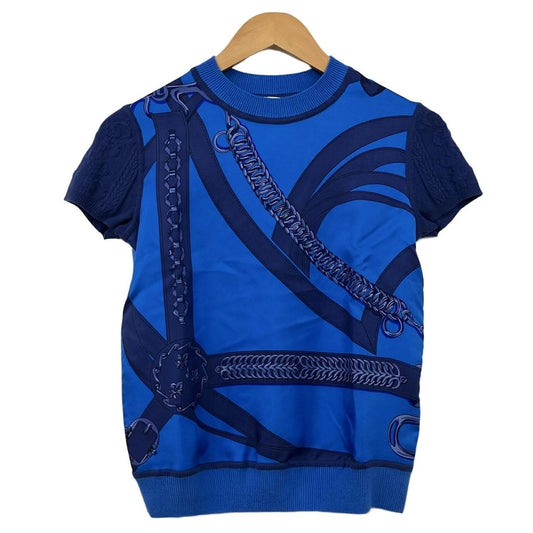 Hermes Short Sleeve Sweater 34 S Blue Crew Neck Silk