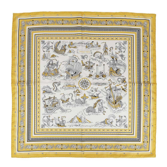 Hermes Heaven Carre 70 Cloete Sailor Tattoo Bandana Scarf Silk Yellow White