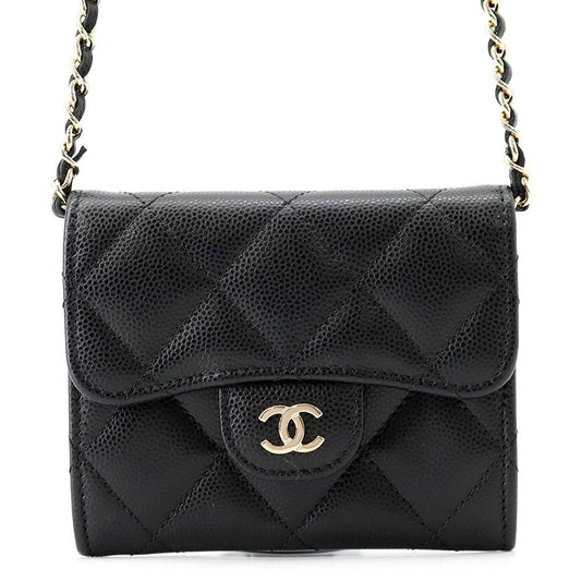 Chanel Chain Wallet Quilted CC Logo Mini Caviar Leather Black Shoulder Bag