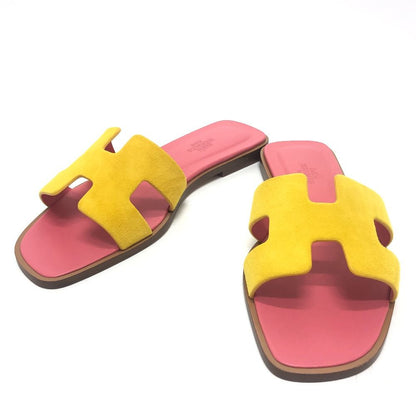 Hermes Sandals Oran Logo Leather Suede Pink