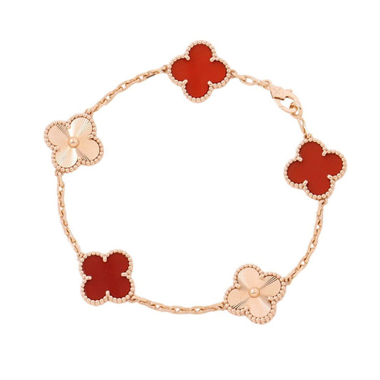 Van Cleef & Arpels Bracelet Vintage Alhambra 5 Motif Carnelian Guilloche 18K