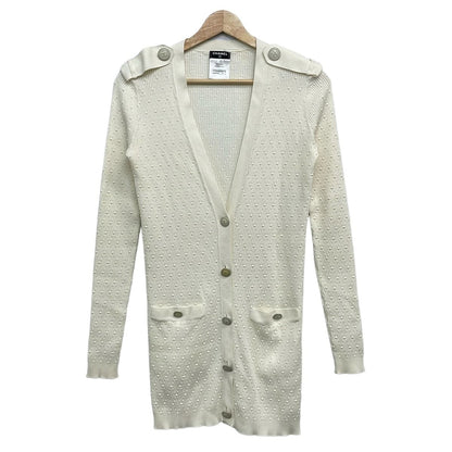 Chanel Cardigan 34 S White Long Sleeve CC Logo Tag One Side Resewn
