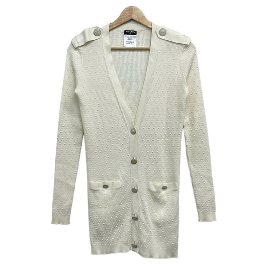 Chanel Cardigan 34 S White Long Sleeve CC Logo Tag One Side Resewn