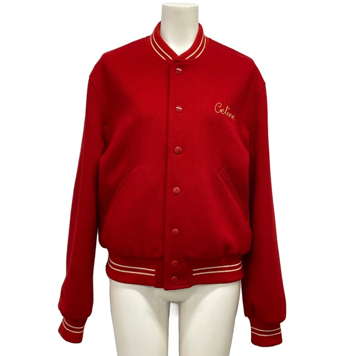 Celine Jacket 38 M Embroidery Teddy Red Long Sleeve Autumn Winter Logo Varsity