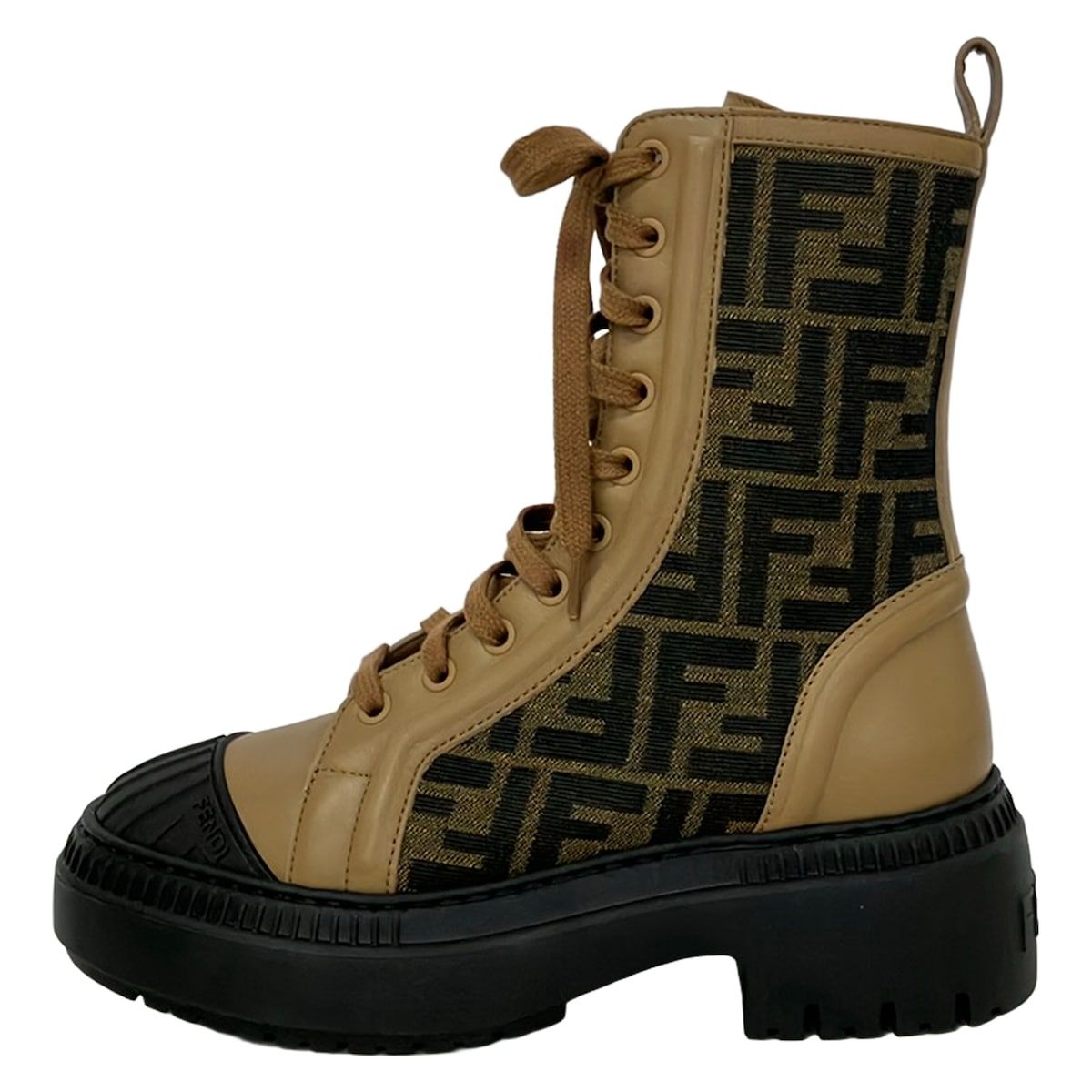 Fendi Short Boots Khaki Light Brown Black Zucca Pattern Leather 36