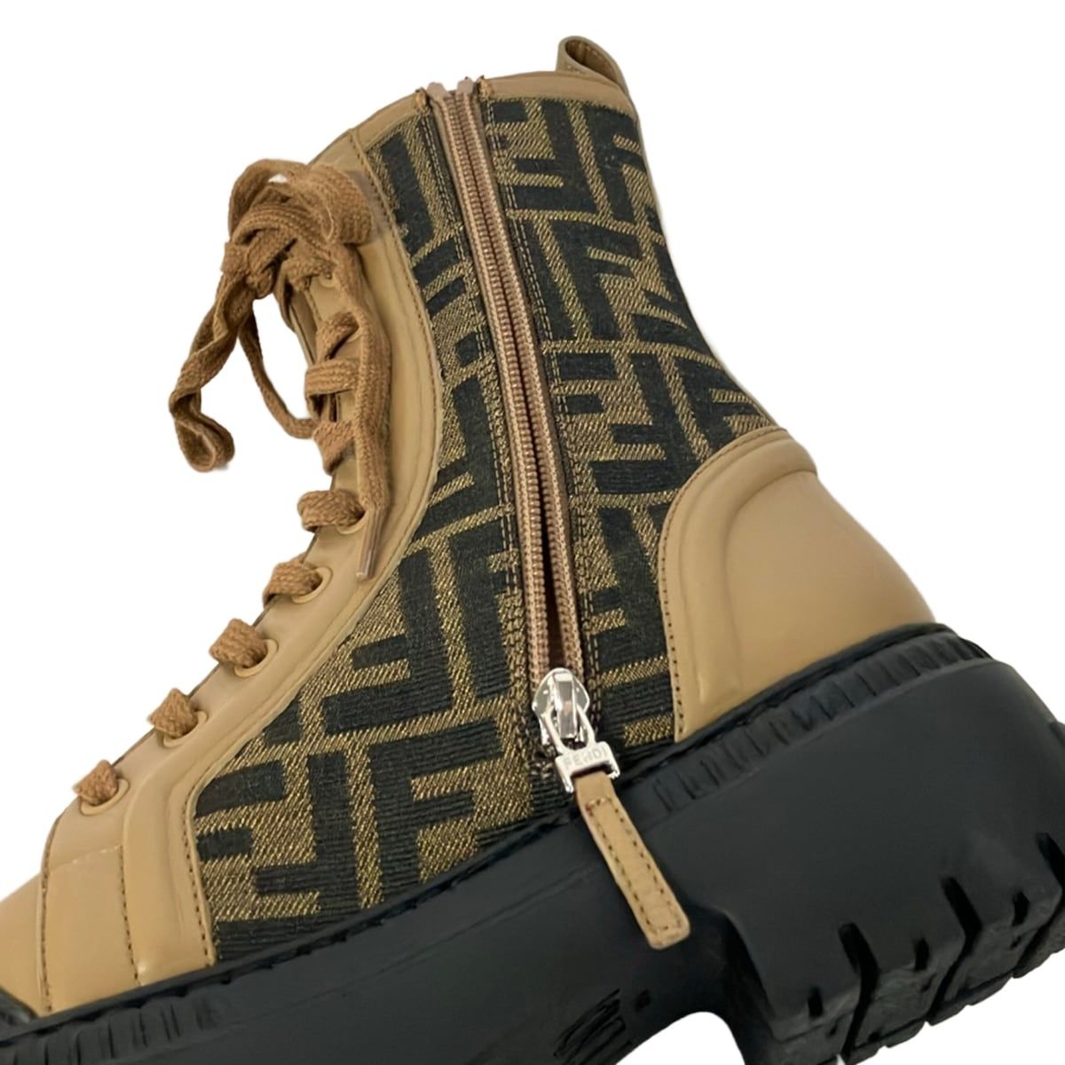 Fendi Short Boots Khaki Light Brown Black Zucca Pattern Leather 36 — view 5