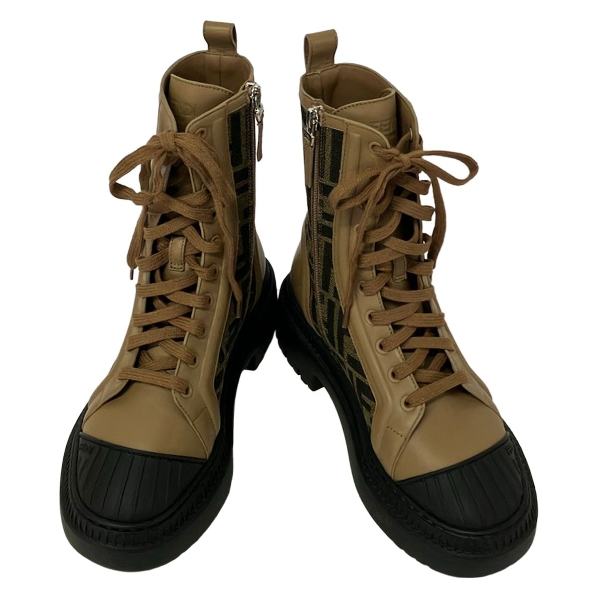 Fendi Short Boots Khaki Light Brown Black Zucca Pattern Leather 36 — view 2